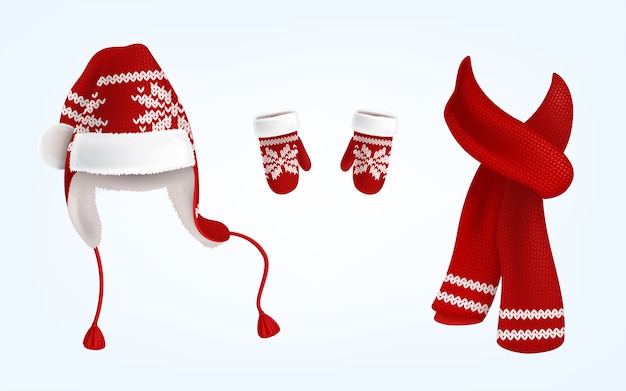 Realistic illustration of knitted santa hat with earflaps, red mittens and scarf