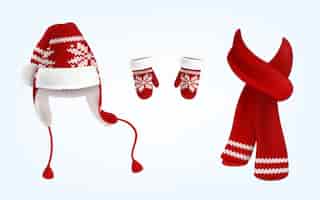 Vettore gratuito illustrazione realistica del cappello a maglia santa con paraorecchie, guanti rossi e sciarpa