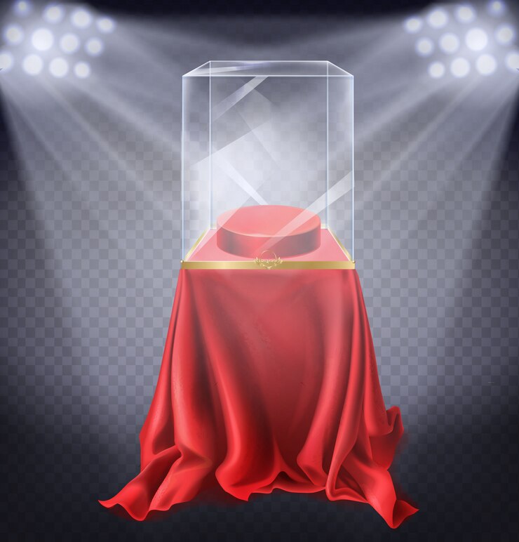 Free Vector realistic illustration of museum exhibit, empty glass showcase illuminated by spotlights