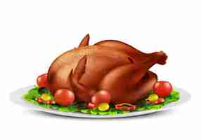 Бесплатное векторное изображение Реалистичная иллюстрация жареной индейки или цыпленка-гриль со специями и овощами