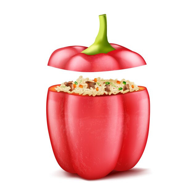 Realistic illustration of stuffed bell pepper filled with rice and forcemeat