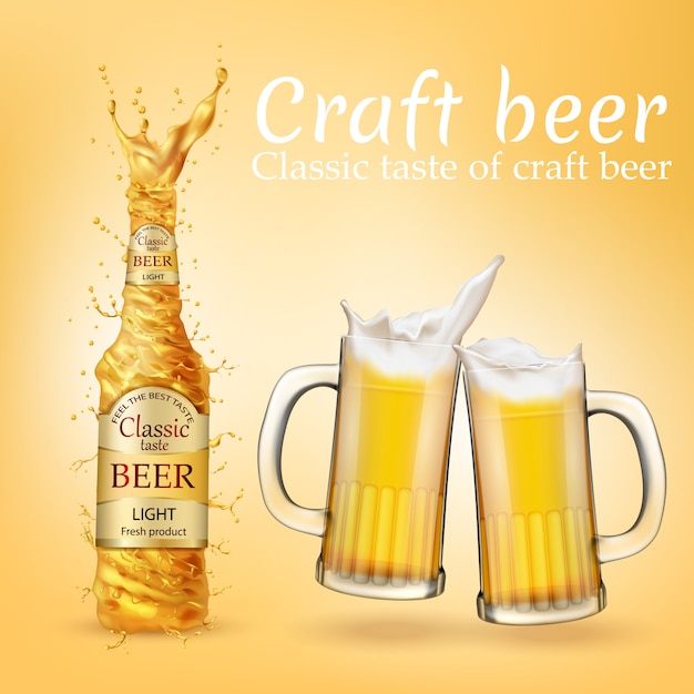 Free vector realistic illustration with golden beer splashing, swirling and transparent glasses