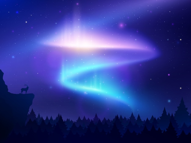 Realistic illustration with northern lights in night sky over forest and mountain