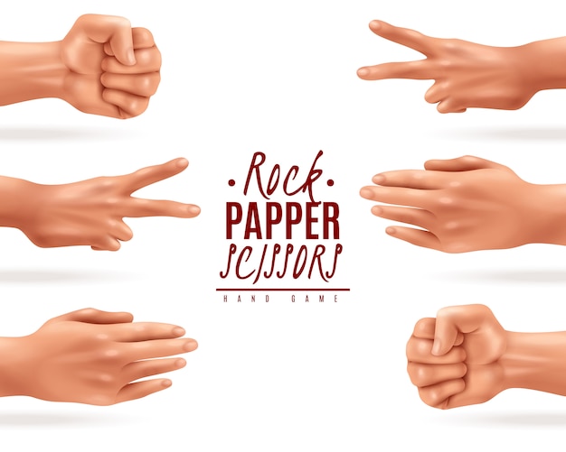 Free vector realistic illustration with rock paper scissors hand game process isolated