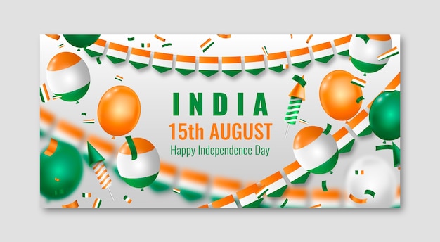 Modello di banner orizzontale realistico per il giorno dell'indipendenza dell'india con palloncini e coriandoli