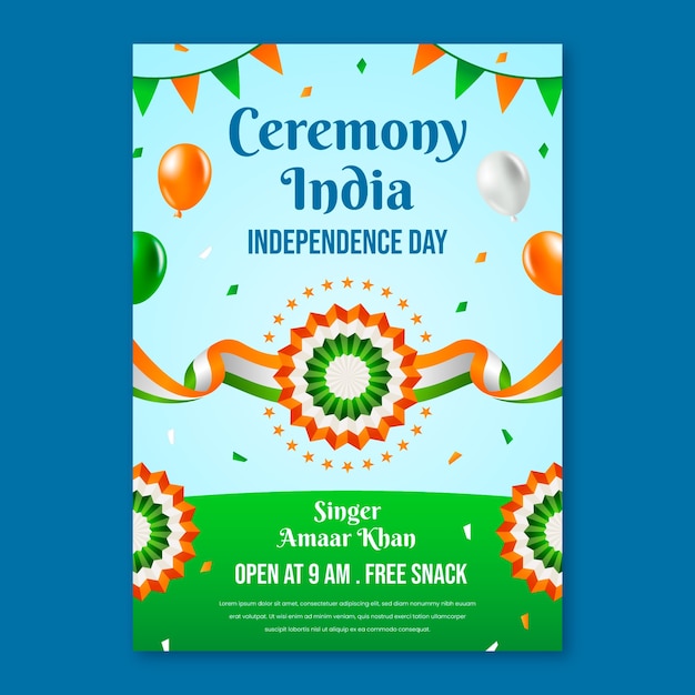 Realistic india independence day poster template with rosettes and flags