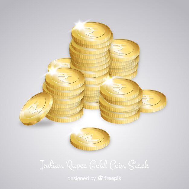 Realistic indian rupee gold coin stack