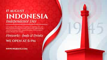 Vettore gratuito modello di banner orizzontale realistico per la festa dell'indipendenza dell'indonesia con il monumento