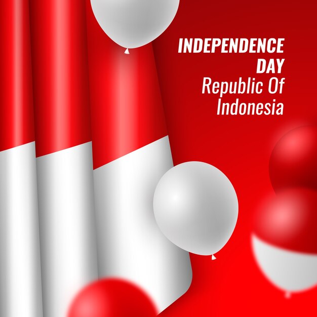 風船と旗でリアルなインドネシア独立記念日のイラスト