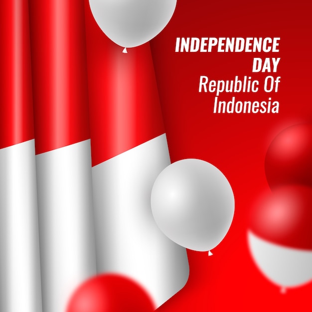 Realistic indonesia independence day illustration with balloons and flag