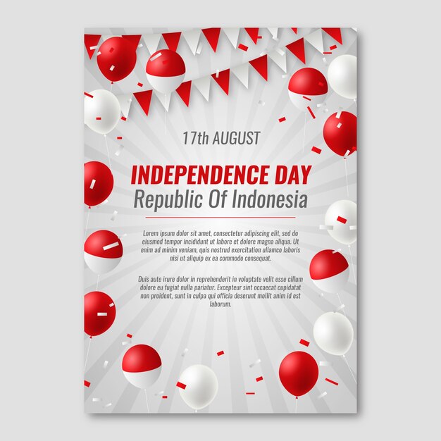 Realistic indonesia independence day vertical poster template with balloons and confetti