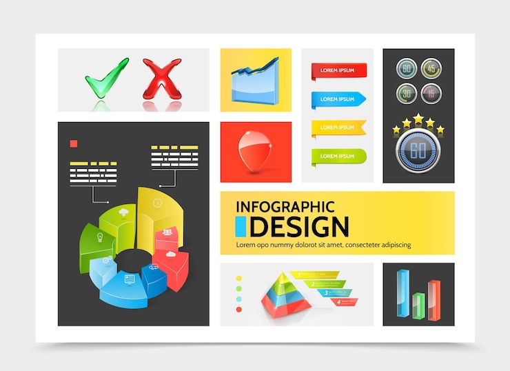 Free Vector realistic infographic elements colorful concept with charts circle diagrams ribbon banners bars pyramid business