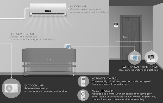 Vettore gratuito infografica realistica che mostra la stanza con l'illustrazione di vettore delle unità del condizionatore d'aria dell'interno e dell'esterno del sistema diviso moderno installato