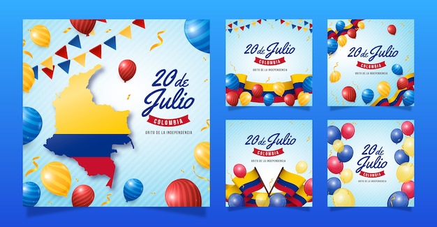 Free vector realistic instagram posts collection for columbian independence day celebration