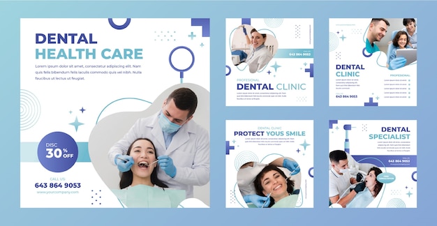 Vettore gratuito raccolta di post instagram realistici per il business della clinica odontoiatrica