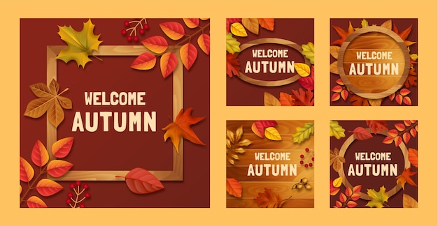 Realistic instagram posts collection for fall season celebration