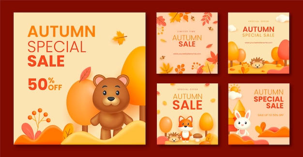 Free vector realistic instagram posts collection for fall season celebration