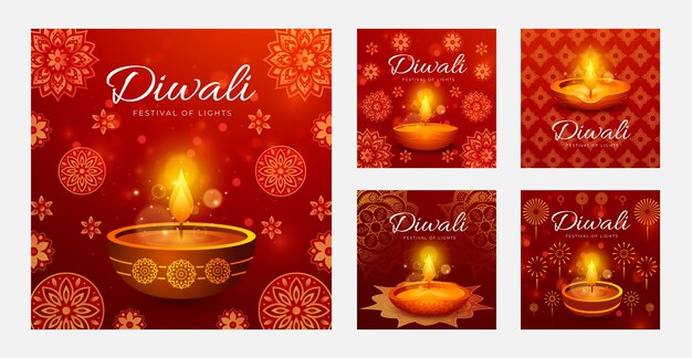 Realistic instagram posts collection for hindu diwali festival celebration