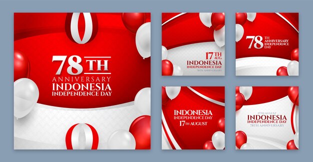 Реалистичная коллекция постов в instagram для празднования дня независимости индонезии
