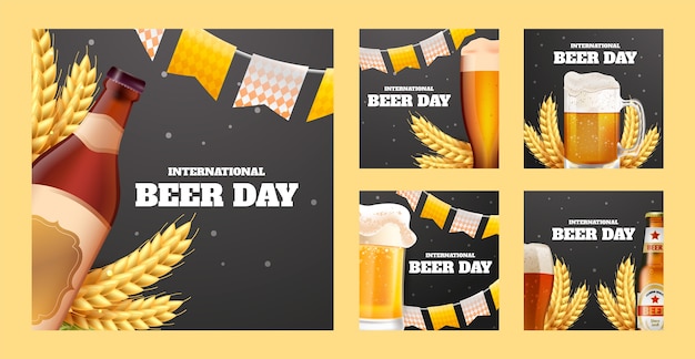 Realistic instagram posts collection for international beer day celebration