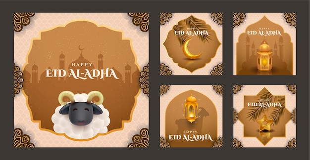 Vettore gratuito raccolta di post instagram realistici per la celebrazione islamica di eid al-adha