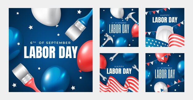 Realistic instagram posts collection for labor day celebration