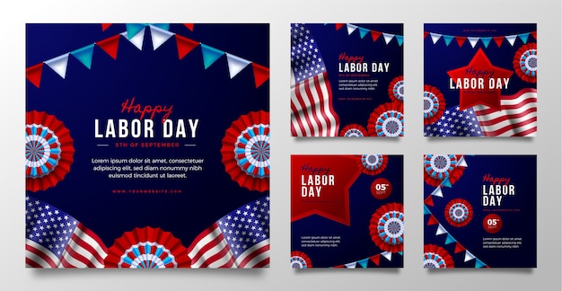 Free vector realistic instagram posts collection for labor day celebration