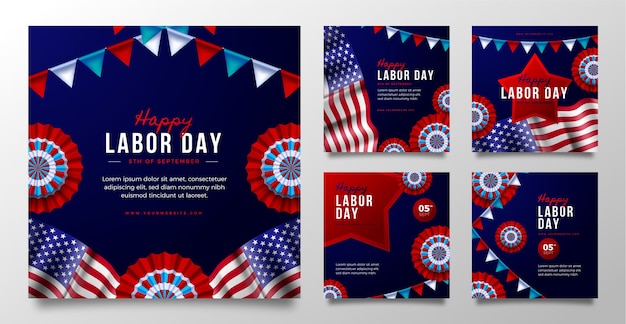 Realistic instagram posts collection for labor day celebration