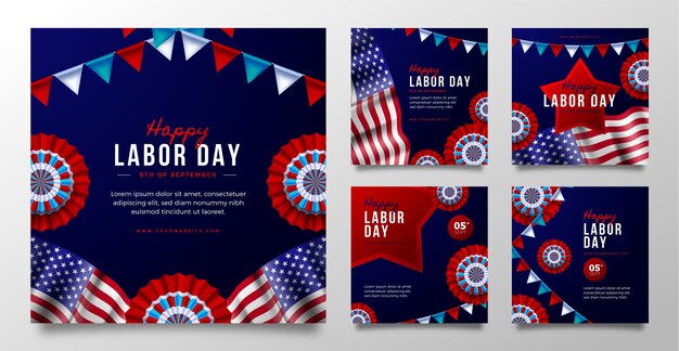 Realistic instagram posts collection for labor day celebration