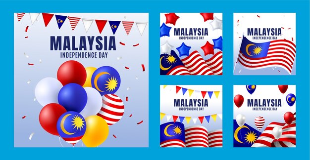 Realistic instagram posts collection for malaysia independence day celebration