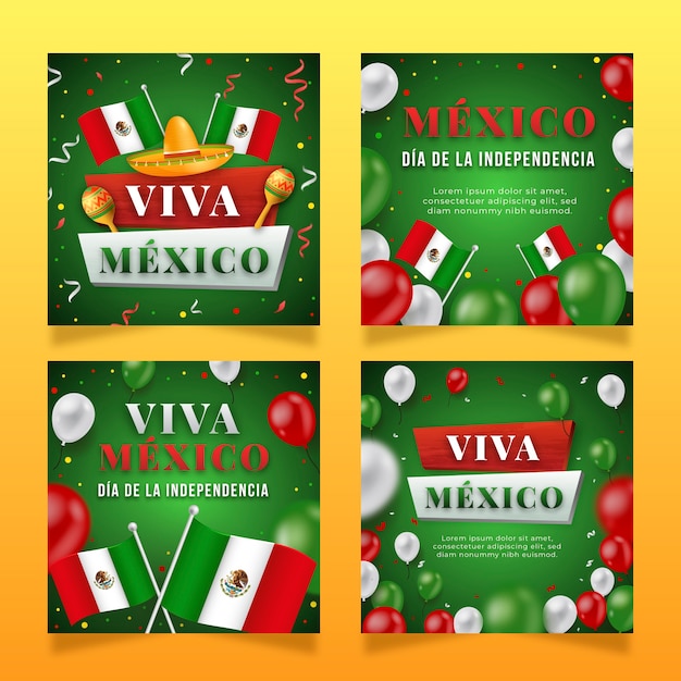 Free vector realistic instagram posts collection for mexico independence celebration