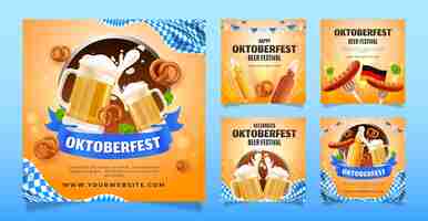 Free vector realistic instagram posts collection for oktoberfest beer festival celebration