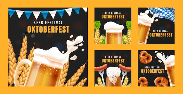 Реалистичная коллекция постов в Instagram для празднования пивного фестиваля Oktoberfest