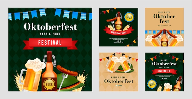 Free vector realistic instagram posts collection for oktoberfest beer festival celebration