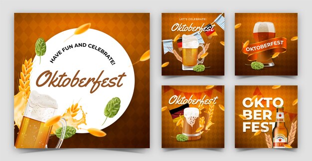 Realistic instagram posts collection for oktoberfest beer festival celebration