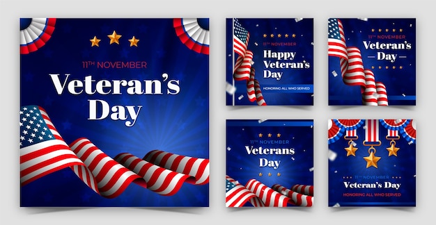 Vettore gratuito raccolta realistica di post di instagram per le vacanze del giorno dei veterani