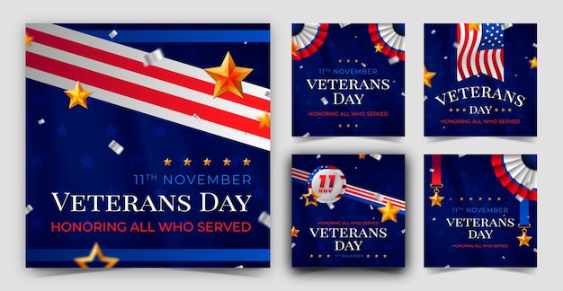 Realistic instagram posts collection for us veterans day holiday