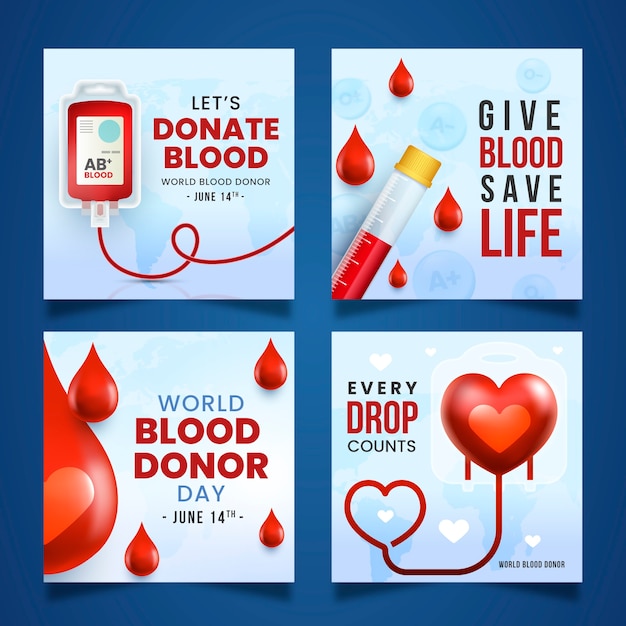 Free vector realistic instagram posts collection for world blood donor day