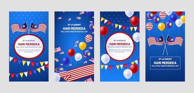 Vettore gratuito raccolta di storie di instagram realistiche per il giorno dell'indipendenza della malesia