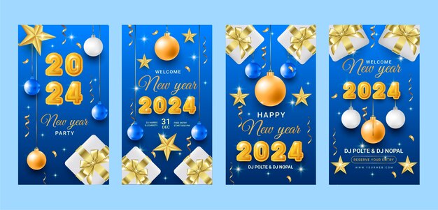 Реалистичная коллекция инстаграм-историй для празднования Нового года 2024