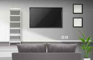 Free vector realistic interior of living room with gray couch and tv screenplay