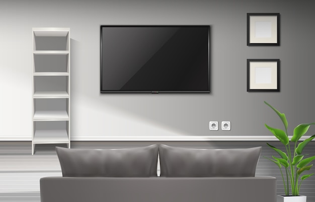 Realistic interior of living room with gray couch and TV screenplay