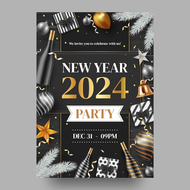 Modello di invito realistico per la celebrazione del nuovo anno 2024