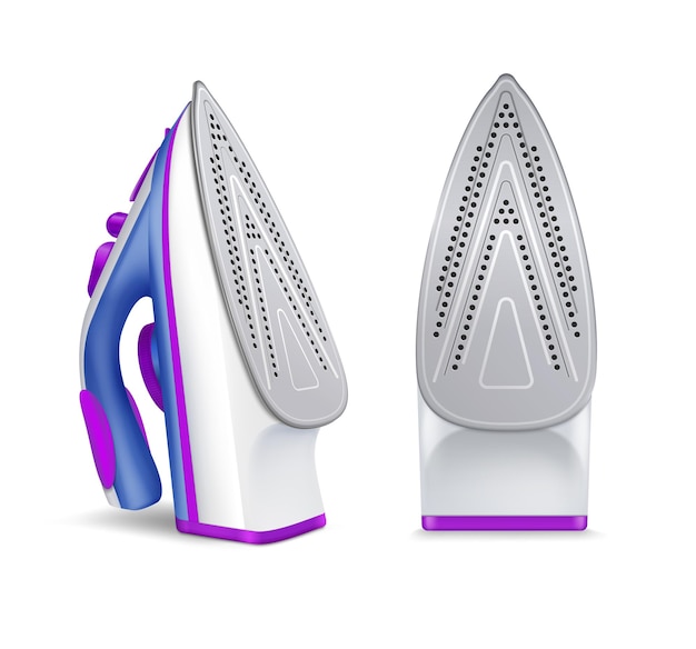 Free vector realistic iron ironing set with two position of irons blue and violet colors illustration