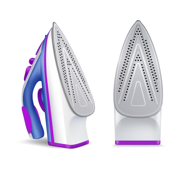 Realistic iron ironing set with two position of irons blue and violet colors illustration