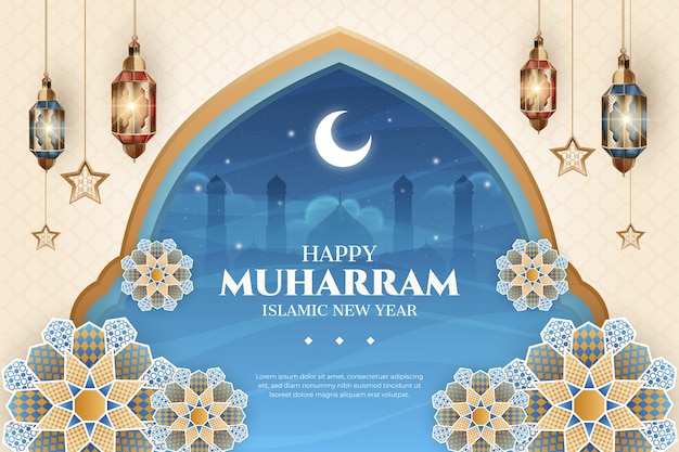 Realistic islamic new year background with crescent moon and lanterns