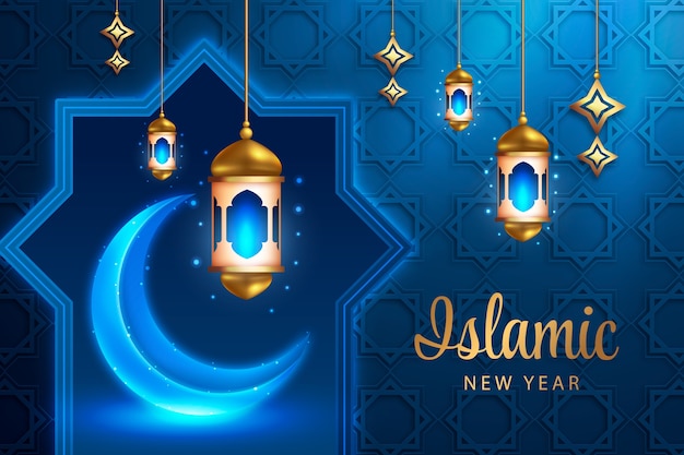 초승달과 등불이 있는 현실적인 이슬람 새해 배경