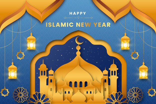 Realistic islamic new year background with lanterns and palace