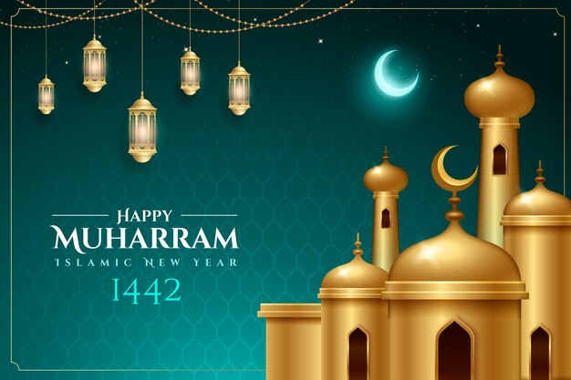 Realistic islamic new year background with lanterns and palace