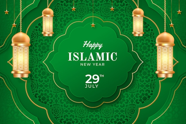 Realistic islamic new year background with lanterns